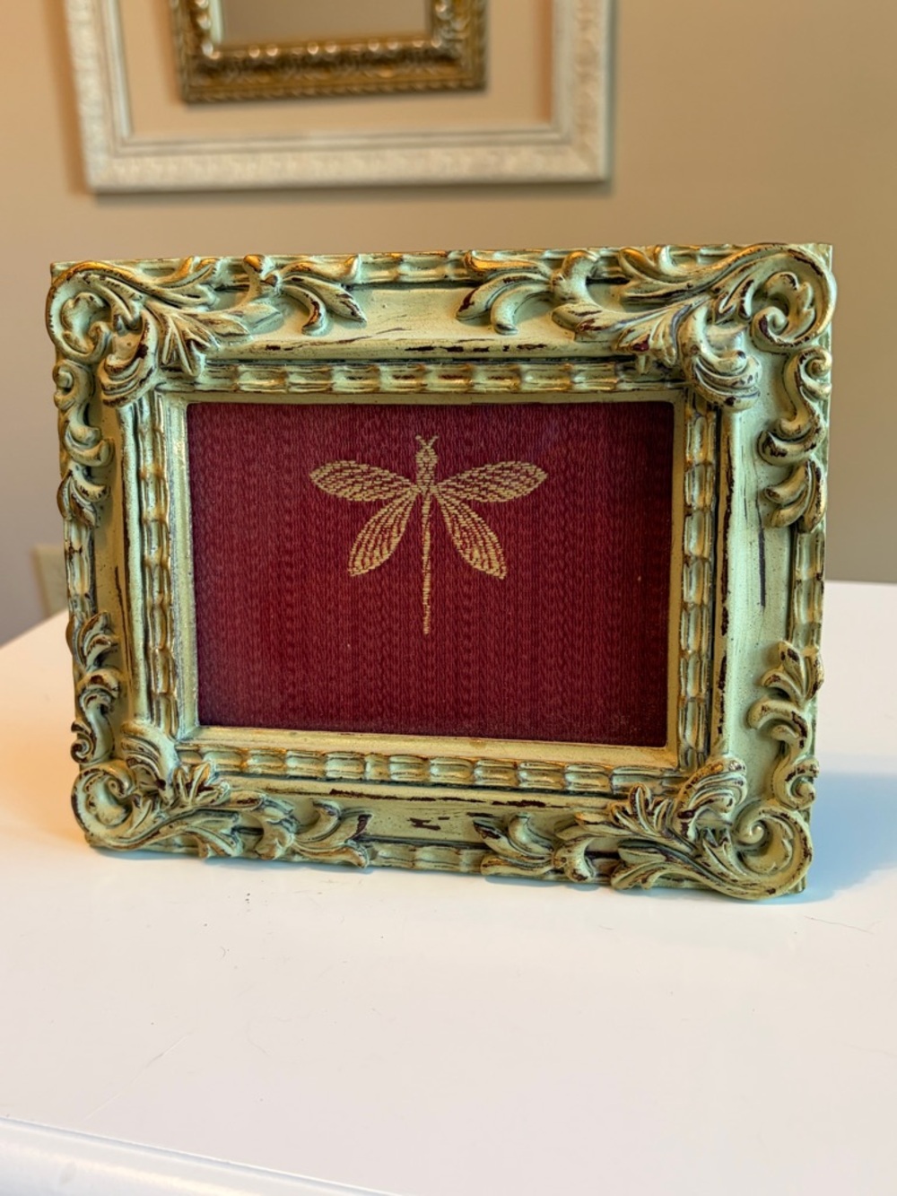 Ornate Distressed Green Picture Frame with Burgundy Dragonfly Mat